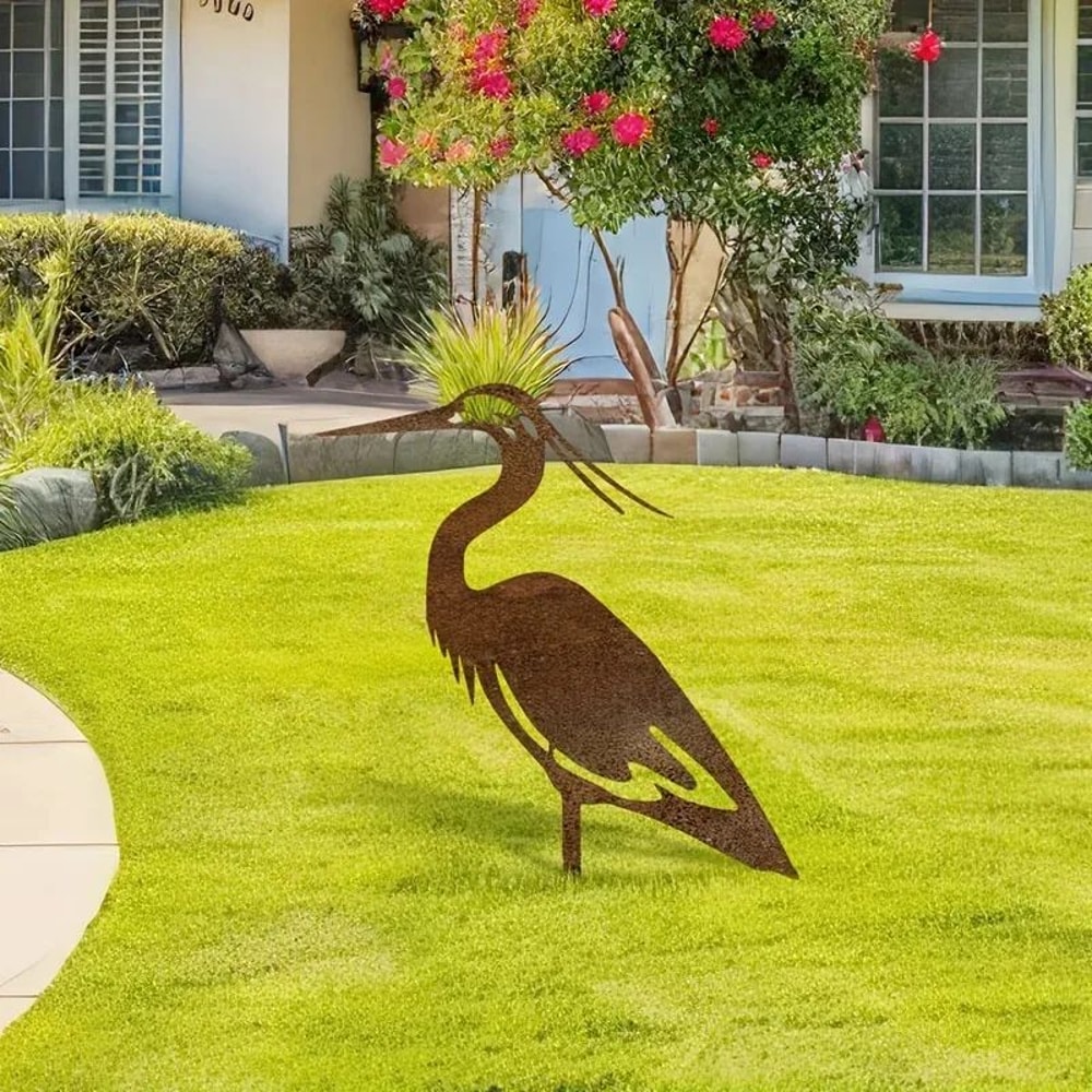 Rusted Metal Crane Garden Statue Outdoor Heron Bird Sculpture For Lawn Decor 5