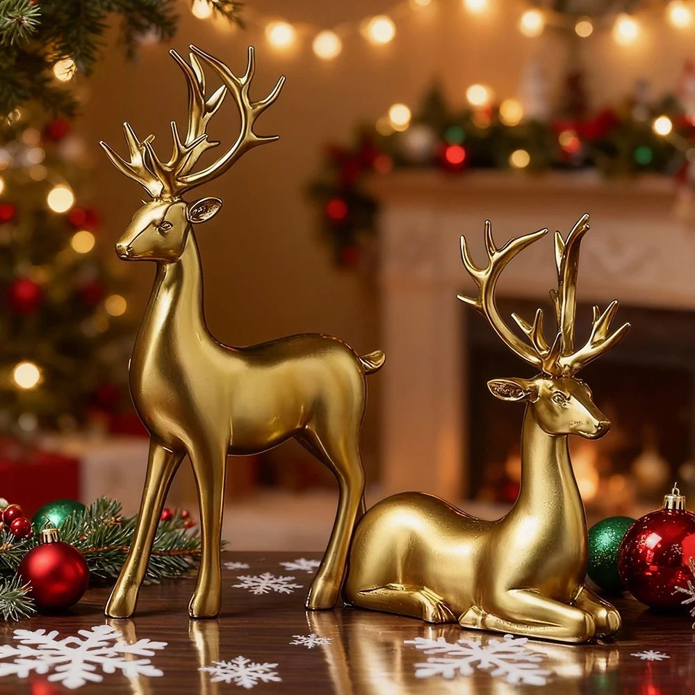 Golden Reindeer Christmas Table Decor Set Elegant Holiday Elk Figurines 0