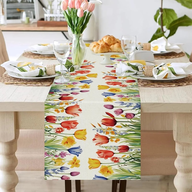 Sunflower Daisy Table Runner Linen Floral Farmhouse Dining Table Decor 1