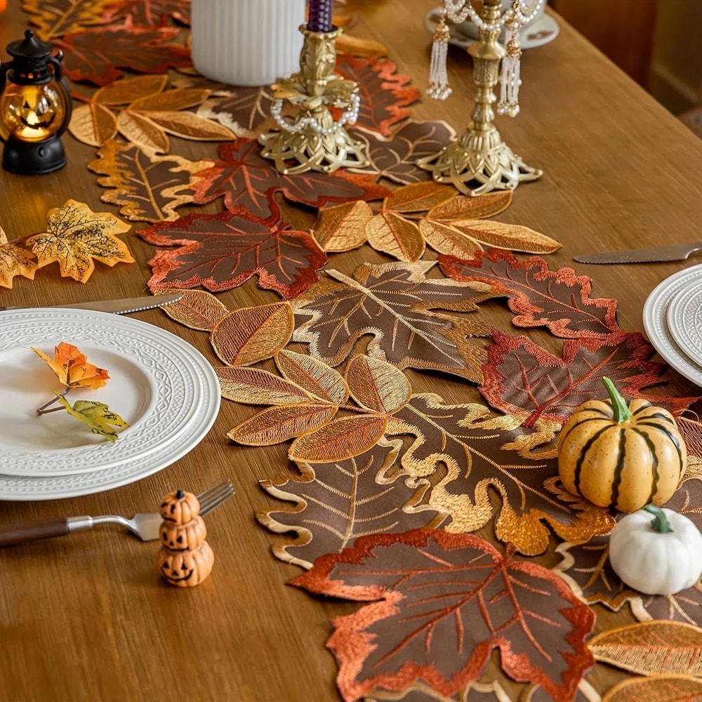Autumn Maple Leaf Embroidered Table Runner Rustic Farmhouse Fall Decor 1