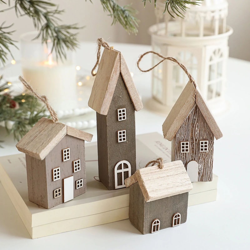 Wooden Christmas House Ornament Rustic Tree Hanging Holiday Decor 0