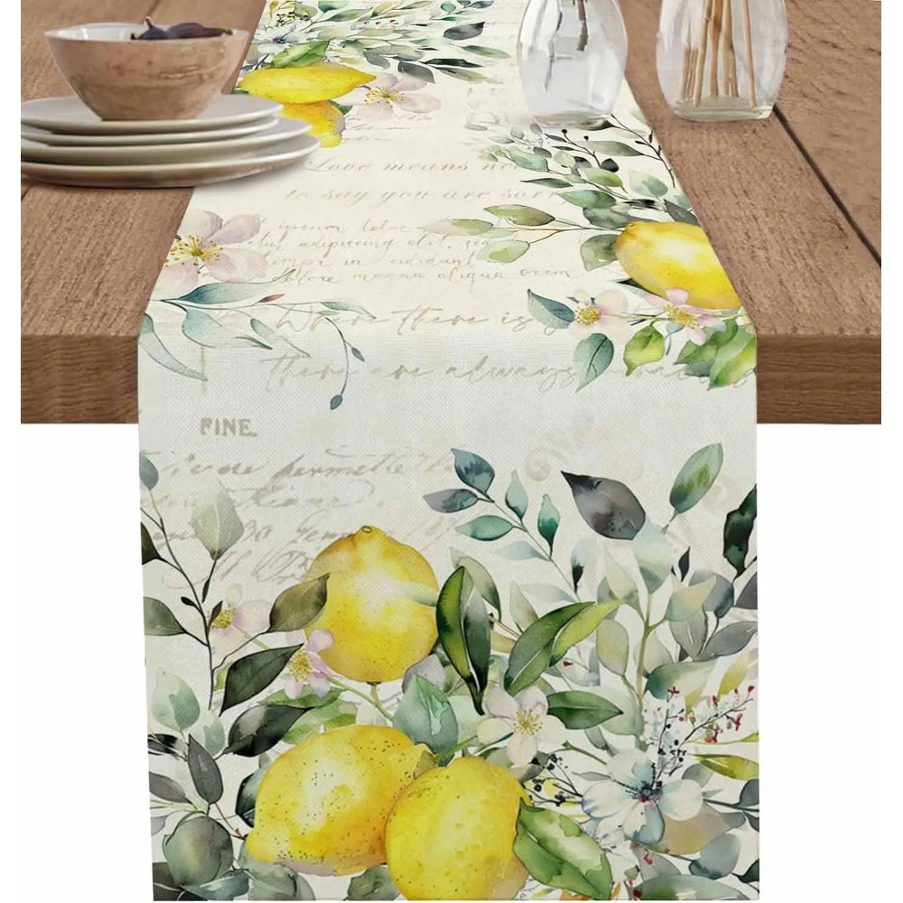 Green Eucalyptus Lemon Linen Table Runner Floral Dining Table Decor 0