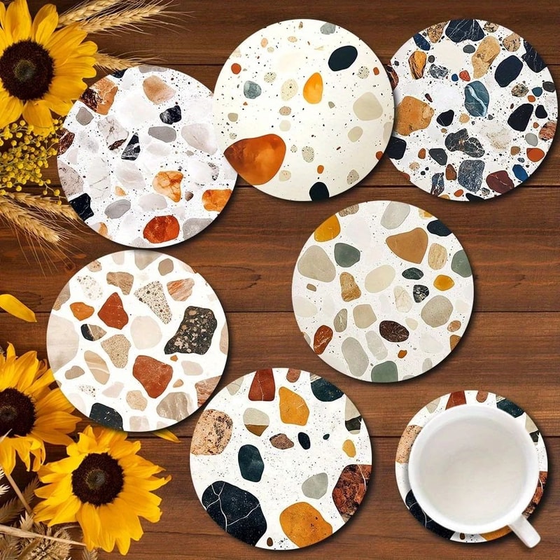 Wooden Stone Pattern Coaster Set Heat Resistant Table Protection Decor 1
