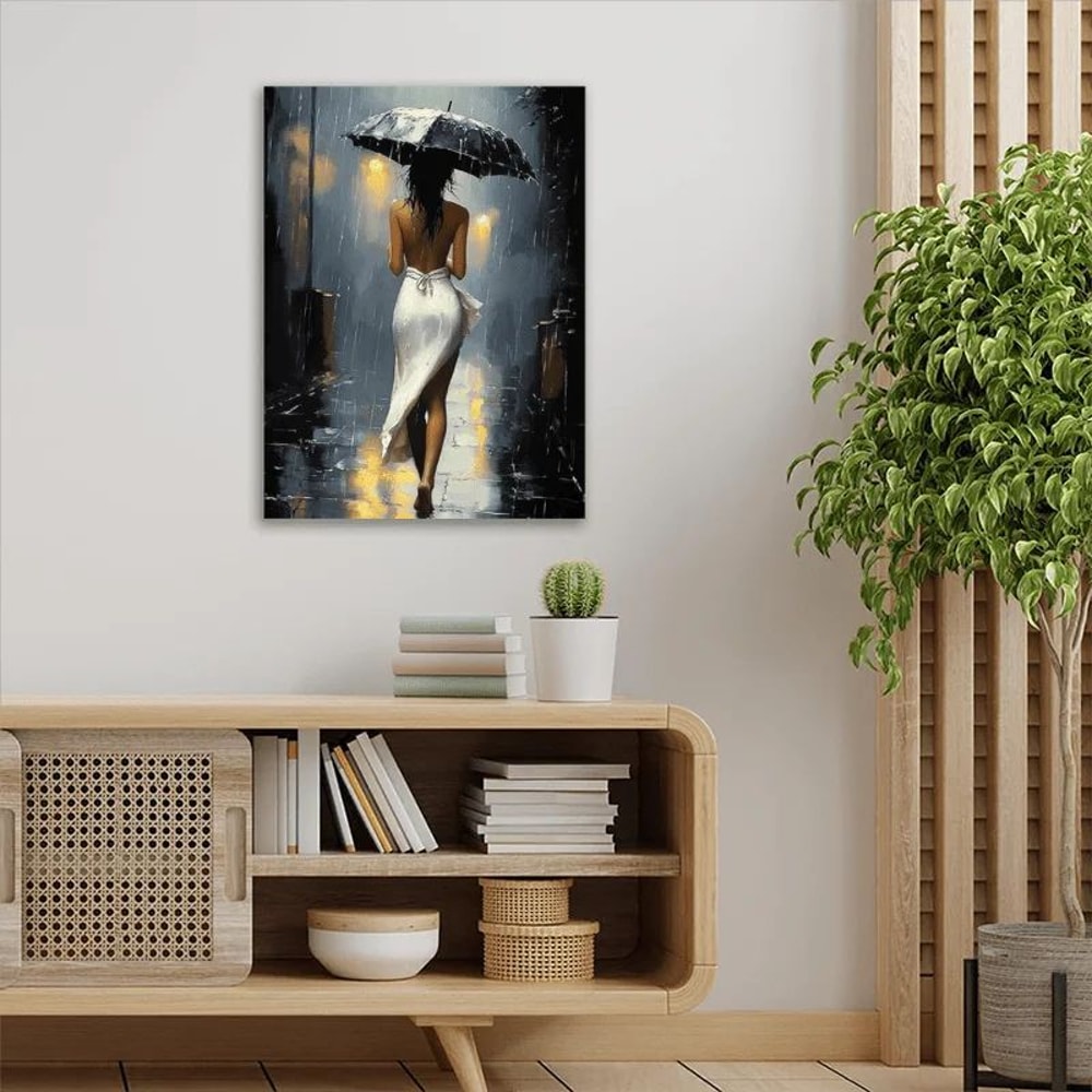 Romantic Rainy Night Canvas Wall Art Framed Umbrella Street Scene Decor 1