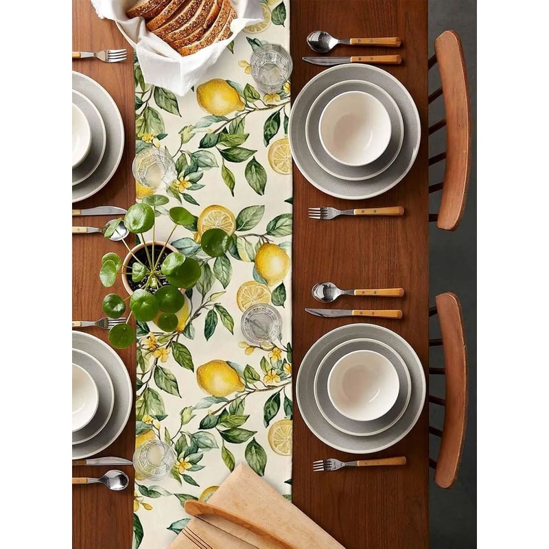 Watercolor Lemon Linen Table Runner Fresh Citrus Dining Table Decor 2