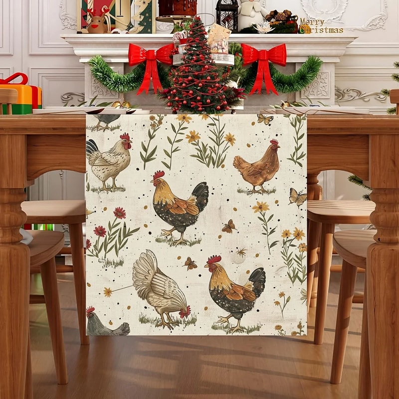 Farmhouse Rooster Wildflower Linen Table Runner Rustic Kitchen Dining Decor 1