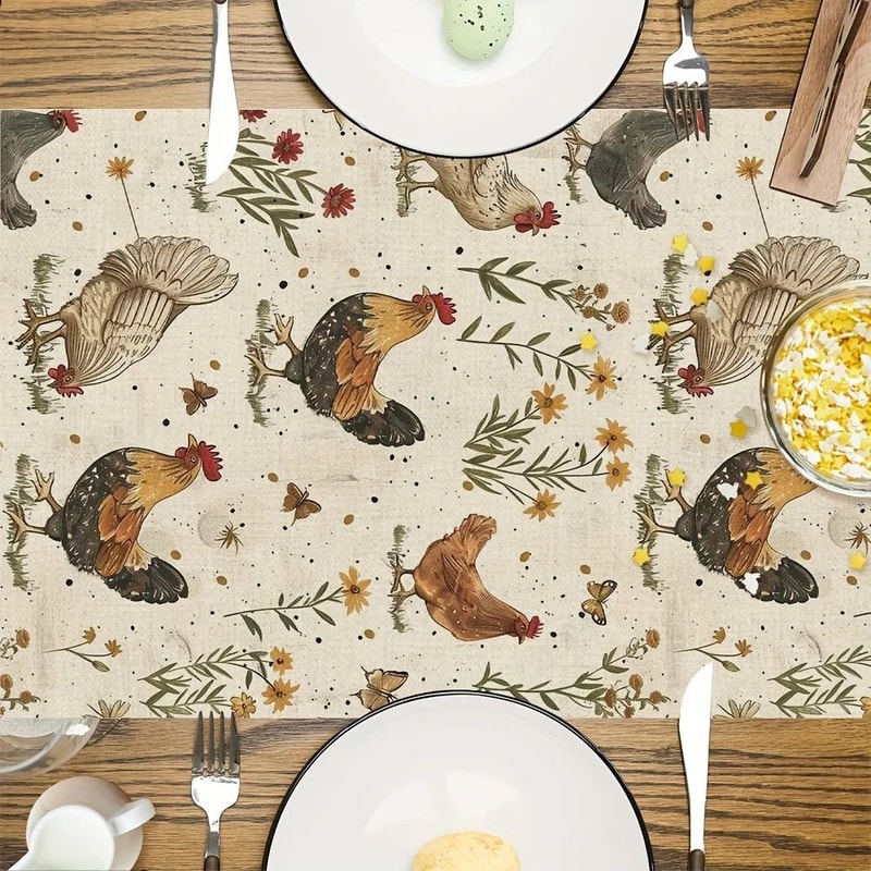 Farmhouse Rooster Wildflower Linen Table Runner Rustic Kitchen Dining Decor 2