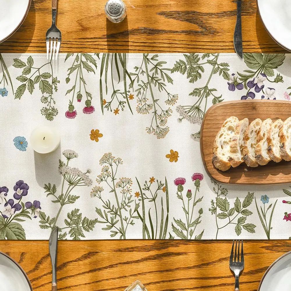 Spring Daisy Floral Linen Table Runner Farmhouse Dining Table Decor 2