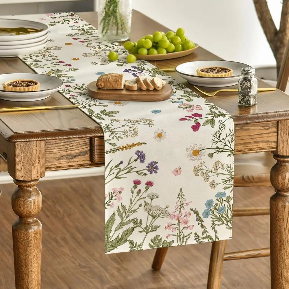 Spring Daisy Floral Linen Table Runner Farmhouse Dining Table Decor 3