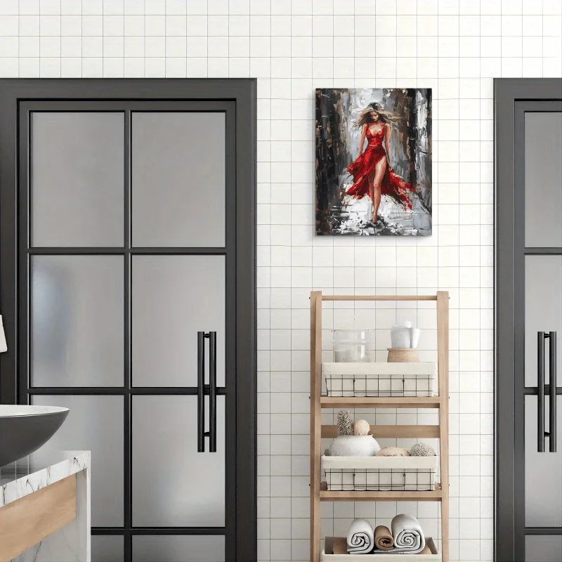 Elegant Woman Red Dress Canvas Wall Art Framed Modern Decor 4