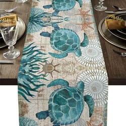 coastal sea turtle starfish linen table runner beach dining decor
