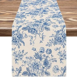 elegant blue floral linen table runner chinoiserie dining decor