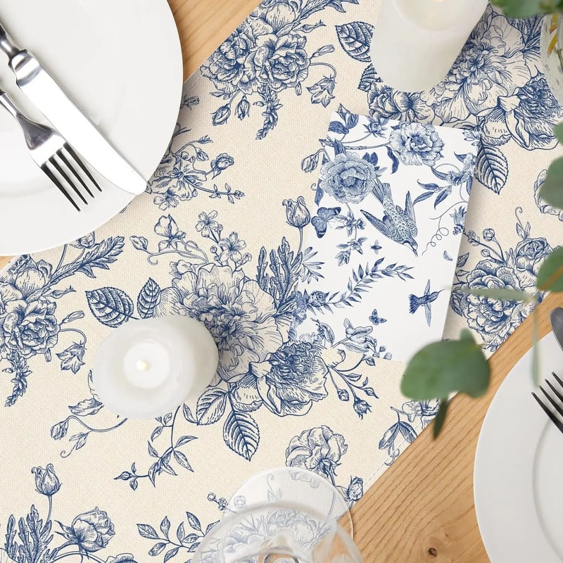 Elegant Blue Floral Linen Table Runner Chinoiserie Dining Decor 4