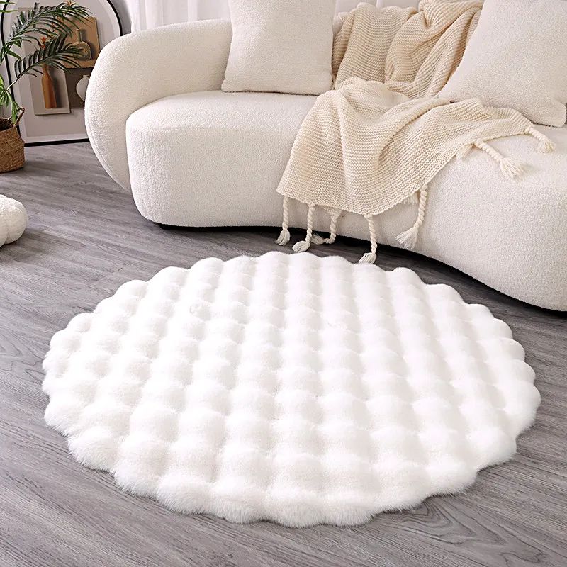 Round Faux Fur Bubble Texture Rug Soft Plush Kids Bedroom Living Room Carpet 1