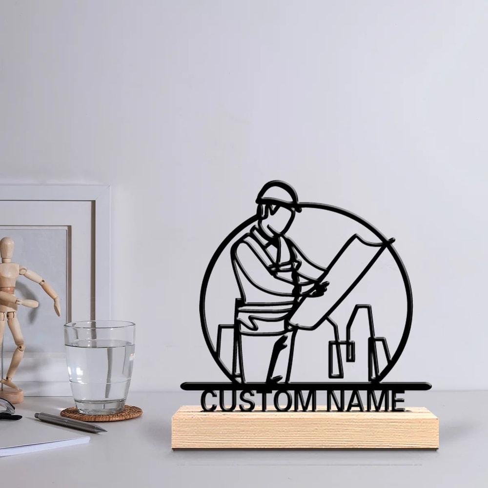 Personalized Architect Metal Art Desk Decor With Wooden Base 0