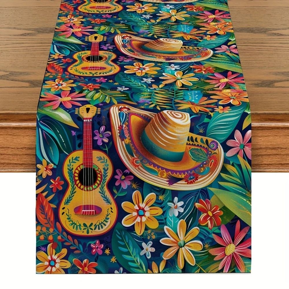 Mexican Style Table Runner Colorful Cactus Floral Linen Dining Decor 0