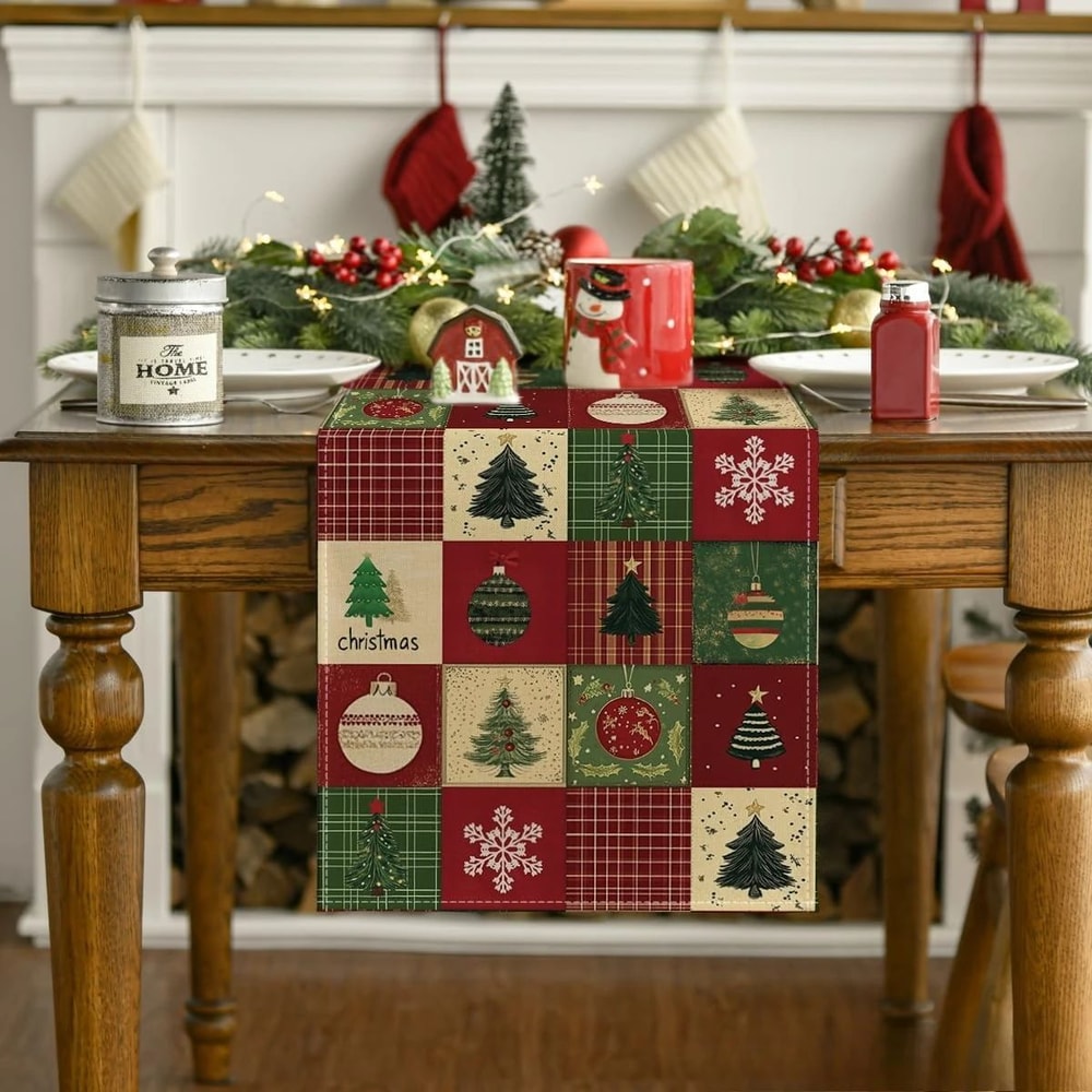 Christmas Plaid Linen Table Runner Snowflake Holiday Dining Decor 1