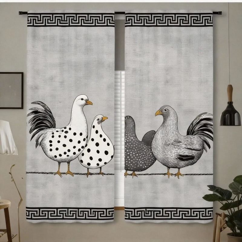 Retro Chicken Print Cafe Curtains Polka Dot Kitchen Window Drapes 5