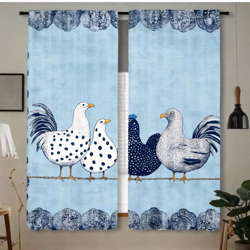 Retro Chicken Print Cafe Curtains Polka Dot Kitchen Window Drapes 6