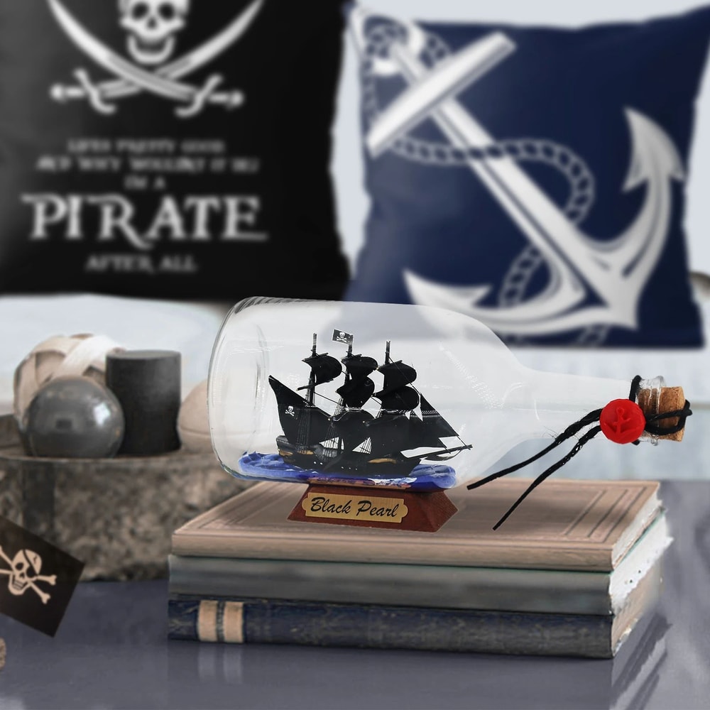 Pirate Ship In Bottle Black Pearl Inspired Nautical Desk Decor 1