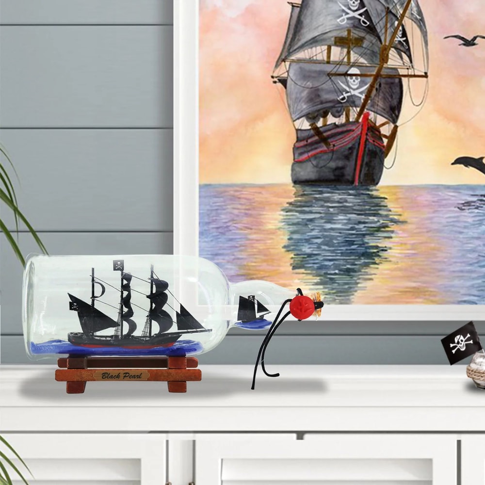 Pirate Ship In Bottle Black Pearl Inspired Nautical Desk Decor 2