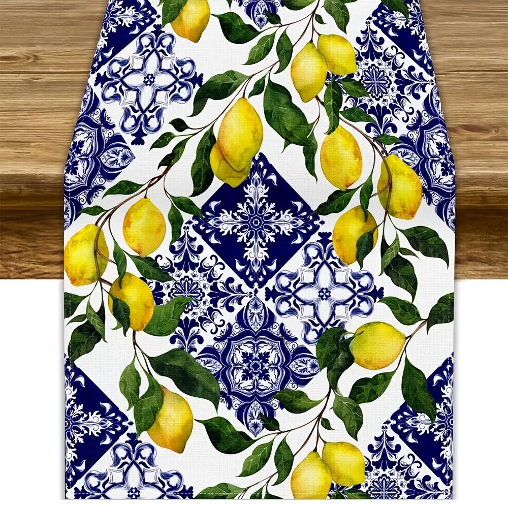 Lemon Floral Table Runner Blue Tile Linen Summer Table Decor 0