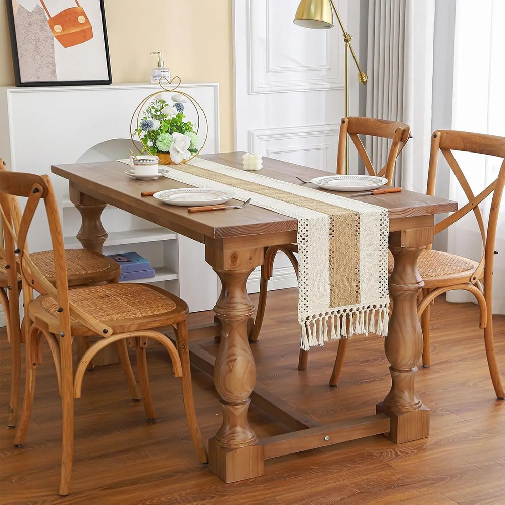Boho Farmhouse Table Runner Linen Macrame Rustic Table Decor With Tassels 5