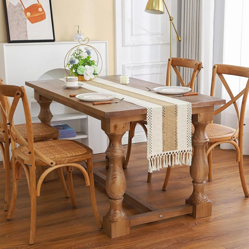 Boho Farmhouse Table Runner Linen Macrame Rustic Table Decor With Tassels 5