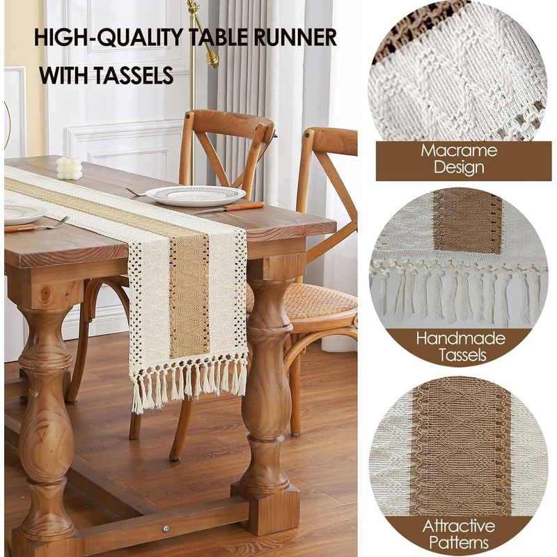 Boho Farmhouse Table Runner Linen Macrame Rustic Table Decor With Tassels 1