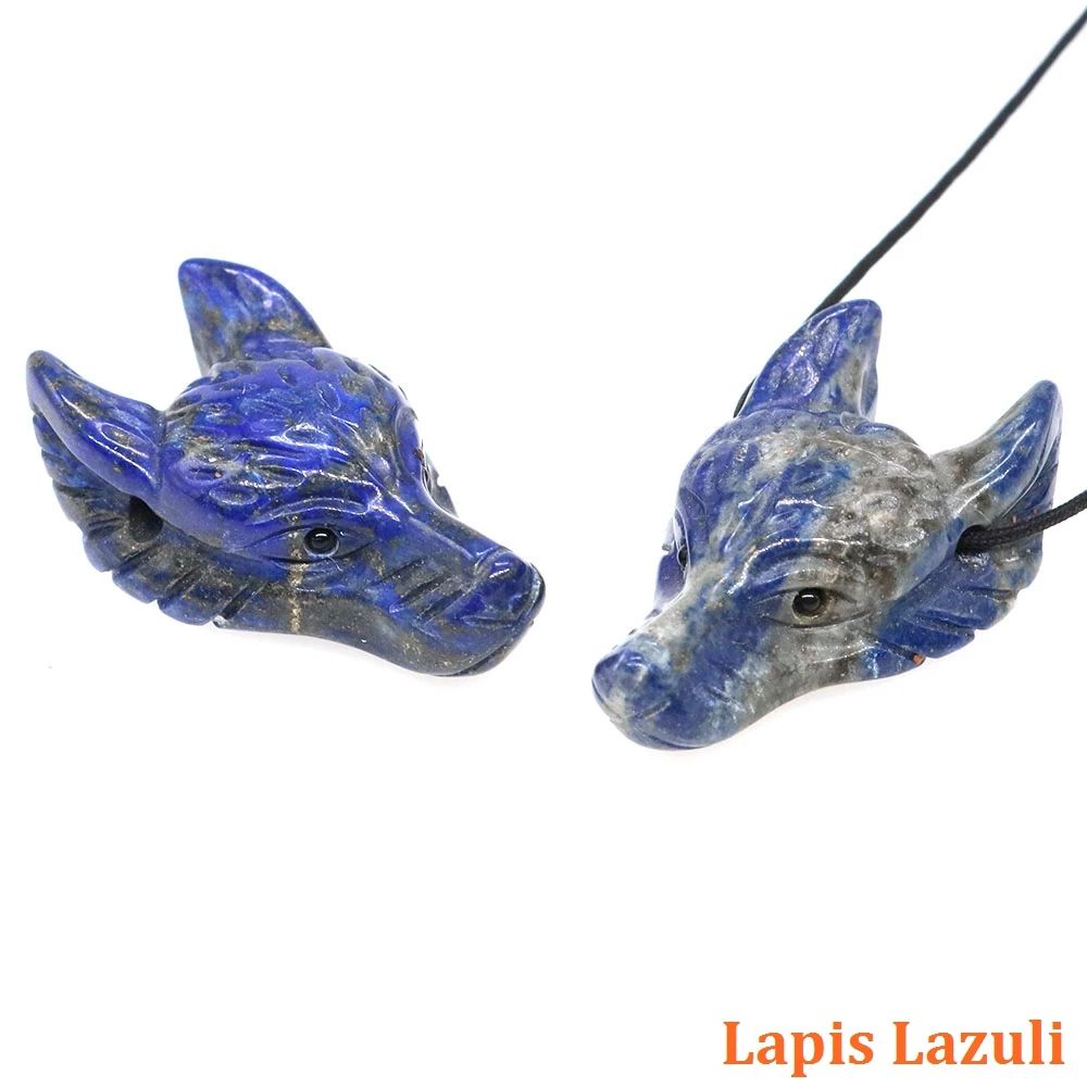 Hand Carved Wolf Head Crystal Pendant Natural Stone Animal Necklace Charm 10