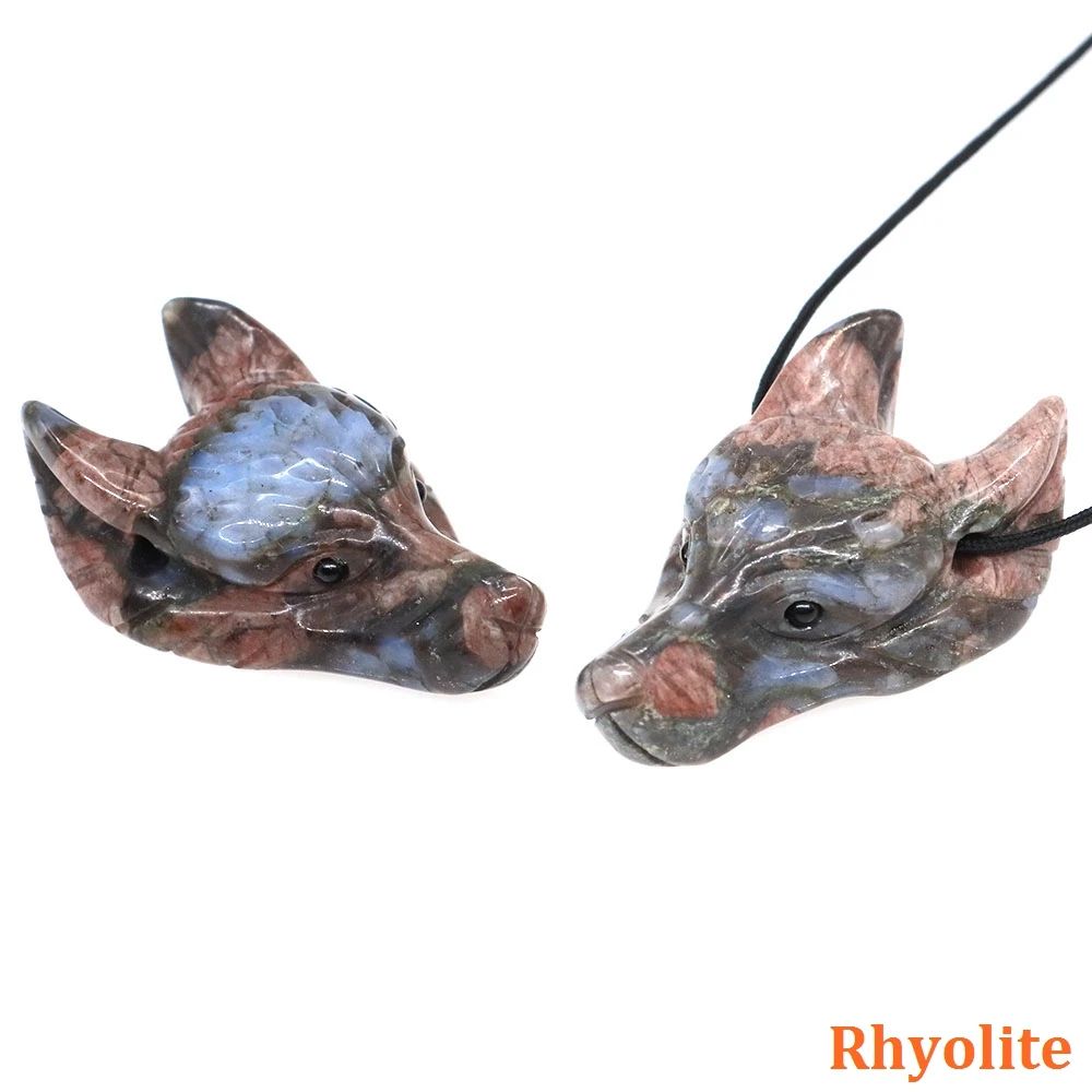 Hand Carved Wolf Head Crystal Pendant Natural Stone Animal Necklace Charm 17