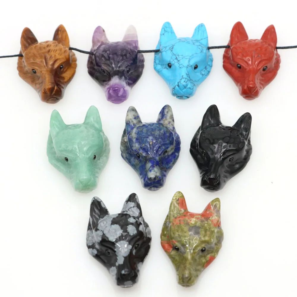 Hand Carved Wolf Head Crystal Pendant Natural Stone Animal Necklace Charm 4