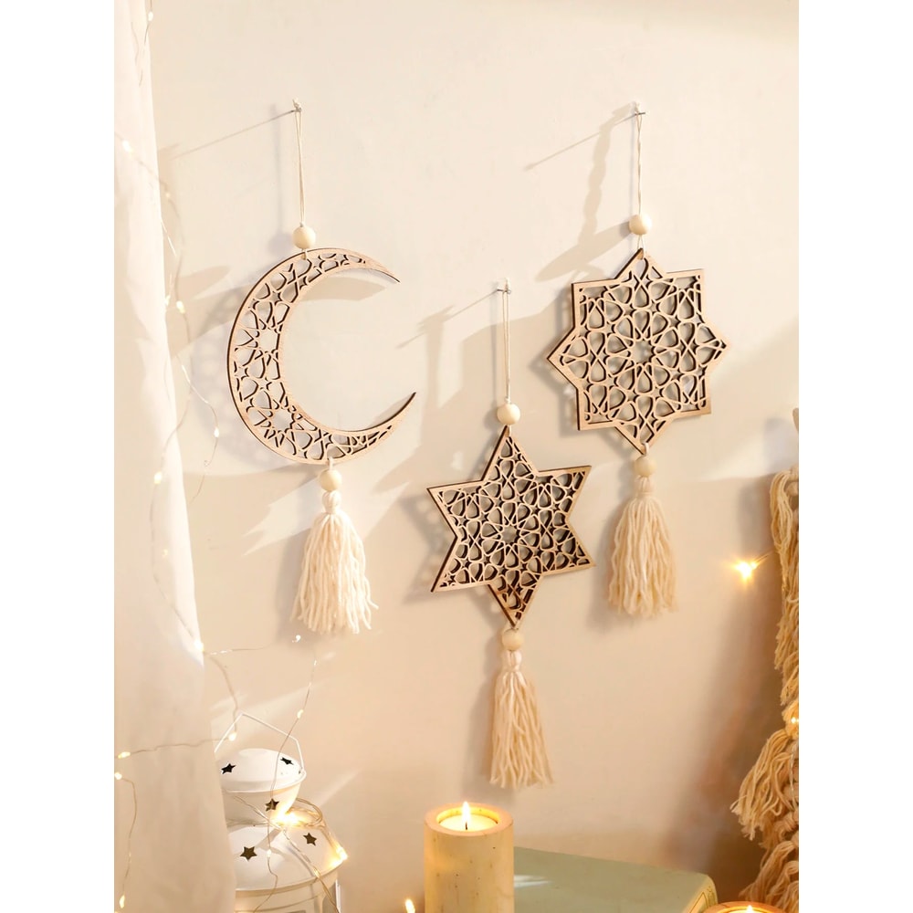 Wooden Ramadan Hanging Decor Moon Tassel Eid Mubarak Ornament Set 1