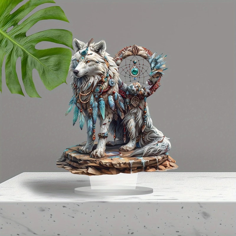 White Wolf Dream Catcher Desk Decor Boho Acrylic Tabletop Art 2