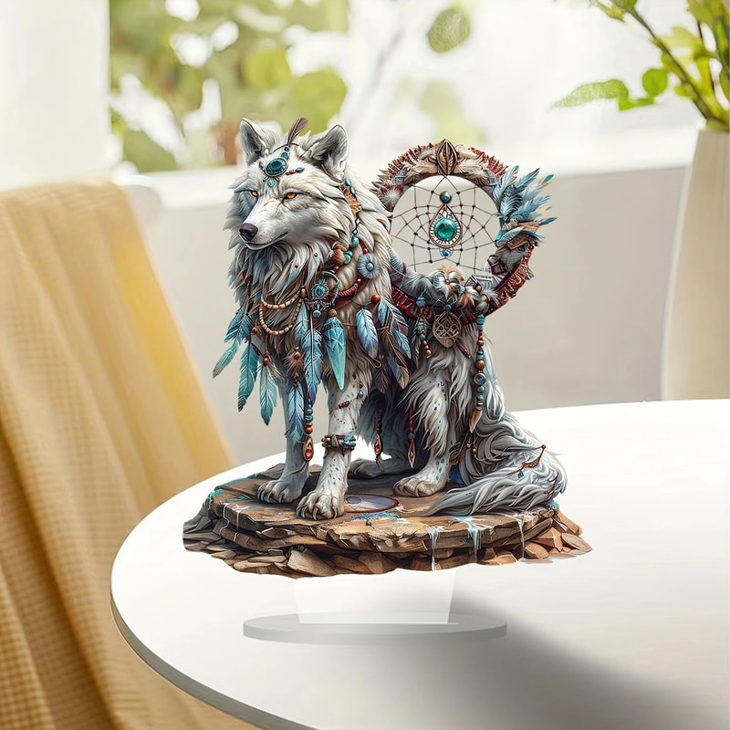 White Wolf Dream Catcher Desk Decor Boho Acrylic Tabletop Art 3