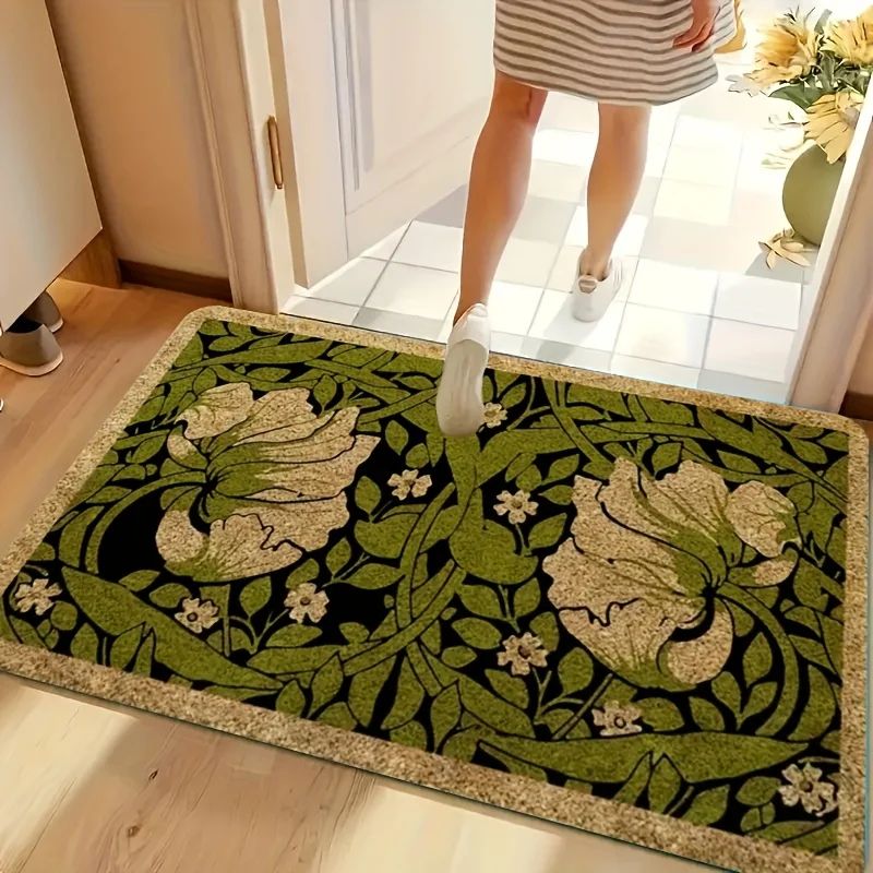 Green Floral Welcome Doormat Washable Indoor Entryway Rug 3