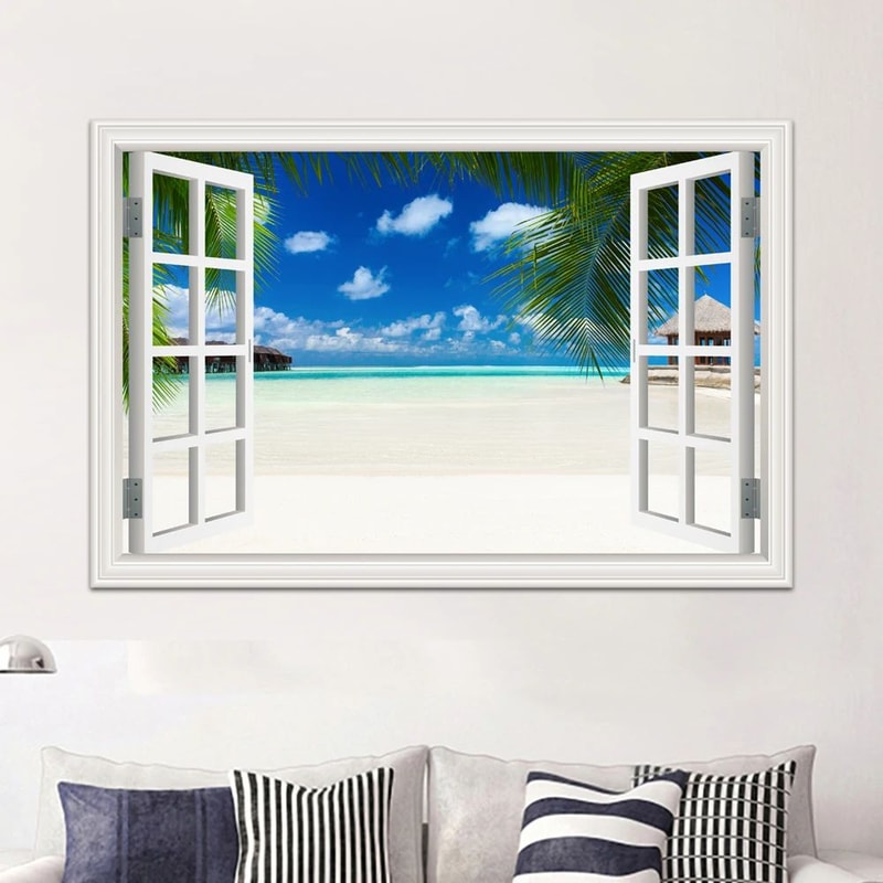 3D Beach Window Wall Sticker Ocean View Room Decor 3