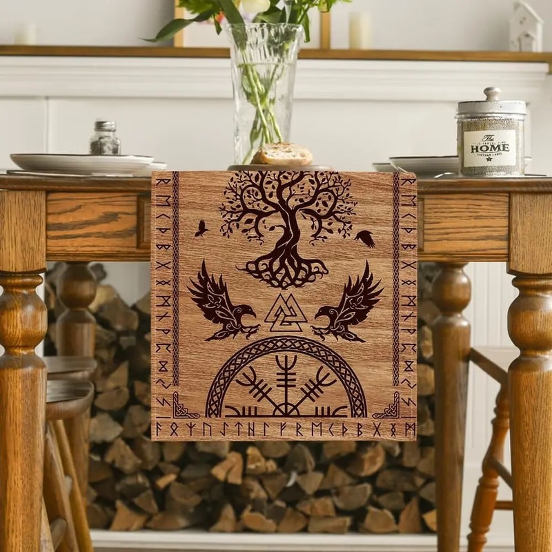 Vintage Viking Table Runner With Raven And Nordic Symbol Design 1