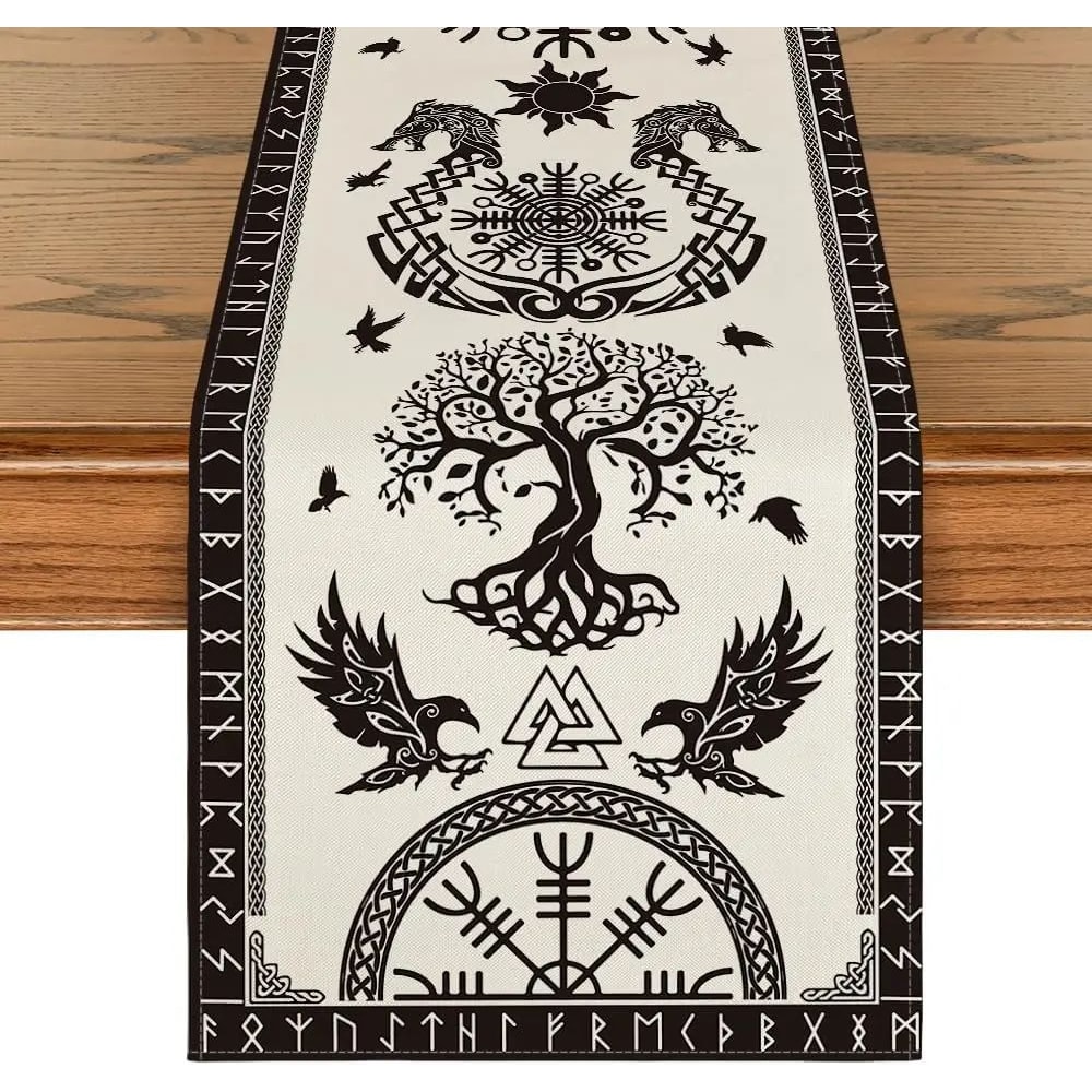 Vintage Viking Table Runner With Raven And Nordic Symbol Design 5