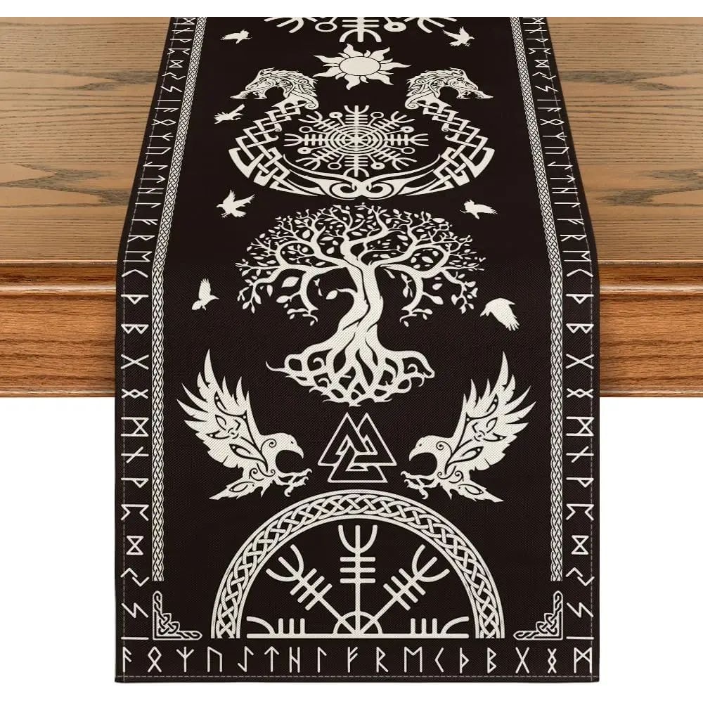 Vintage Viking Table Runner With Raven And Nordic Symbol Design 6