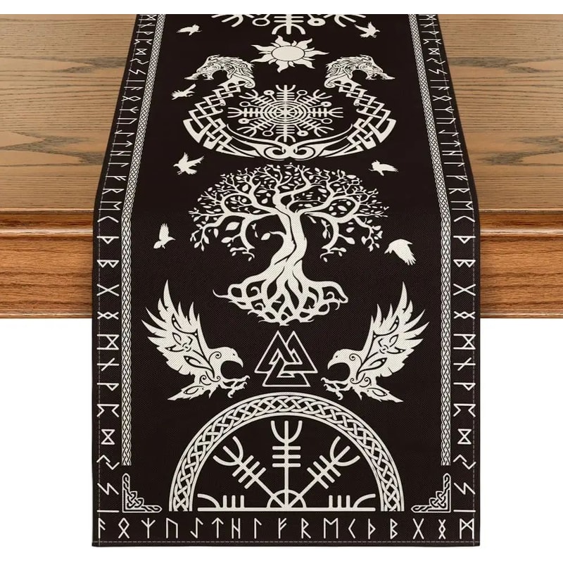 Vintage Viking Table Runner With Raven And Nordic Symbol Design 6