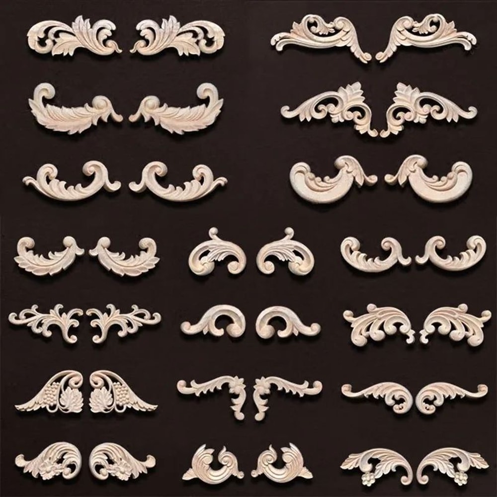Wood Carved Corner Appliques Decorative Furniture Trim Floral Wood Onlays Set 0