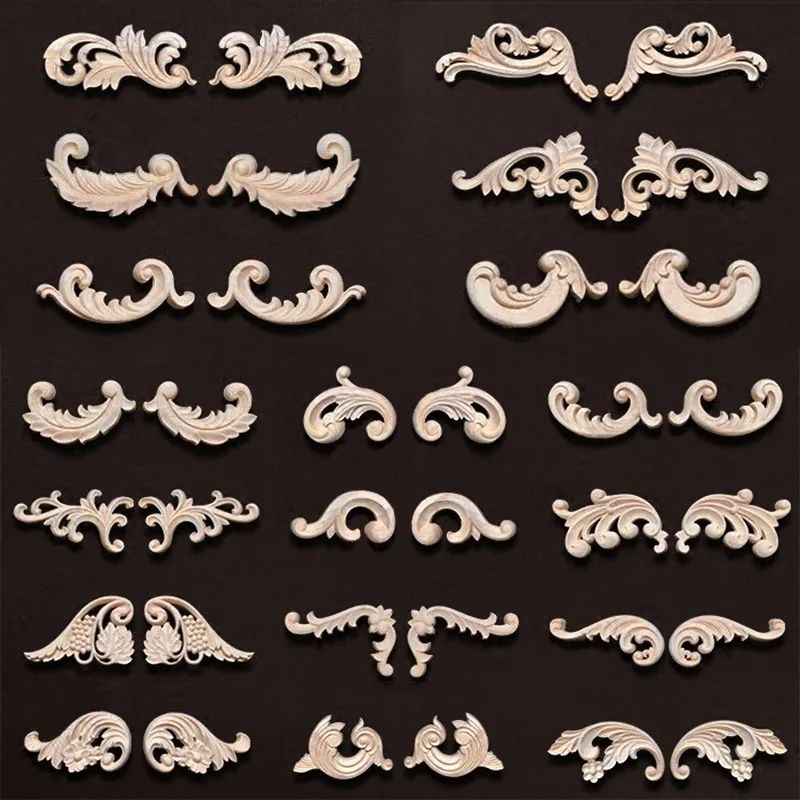 Wood Carved Corner Appliques Decorative Furniture Trim Floral Wood Onlays Set 0