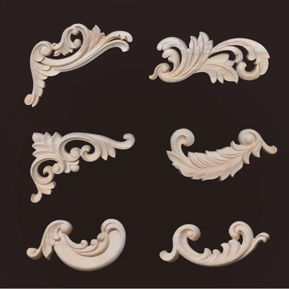 Wood Carved Corner Appliques Decorative Furniture Trim Floral Wood Onlays Set 1