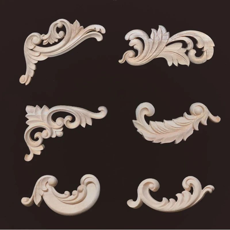 Wood Carved Corner Appliques Decorative Furniture Trim Floral Wood Onlays Set 1