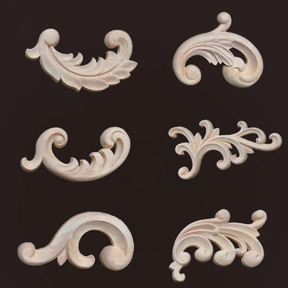 Wood Carved Corner Appliques Decorative Furniture Trim Floral Wood Onlays Set 2
