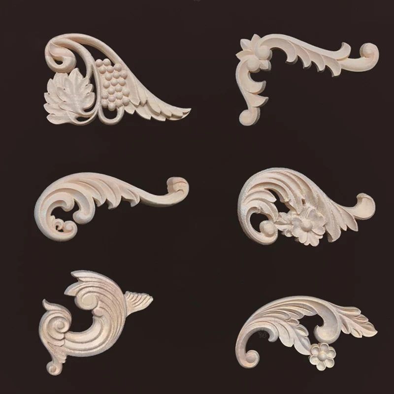 Wood Carved Corner Appliques Decorative Furniture Trim Floral Wood Onlays Set 3