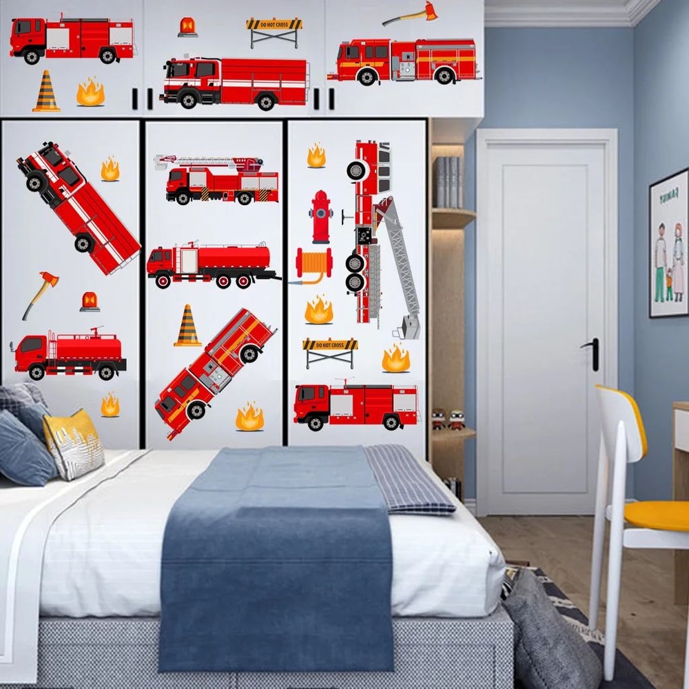 Cartoon Fire Truck Wall Stickers Kids Room Decor Playroom Nursery Wall Decals 2