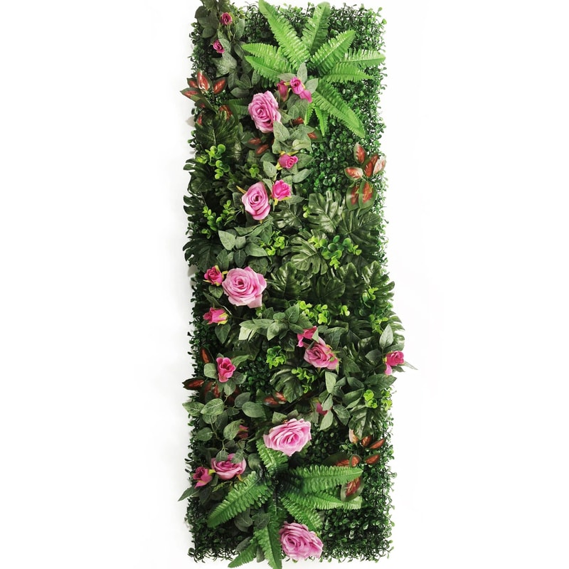 Artificial Grass Wall Panel With Rose Decor Greenery Wall Mat 24