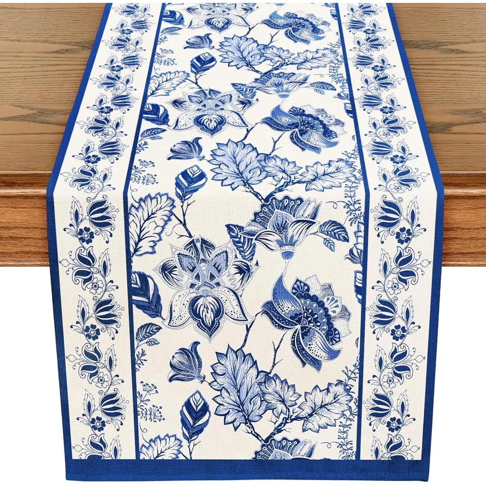 Blue Floral Linen Table Runner Farmhouse Dining Decor 0